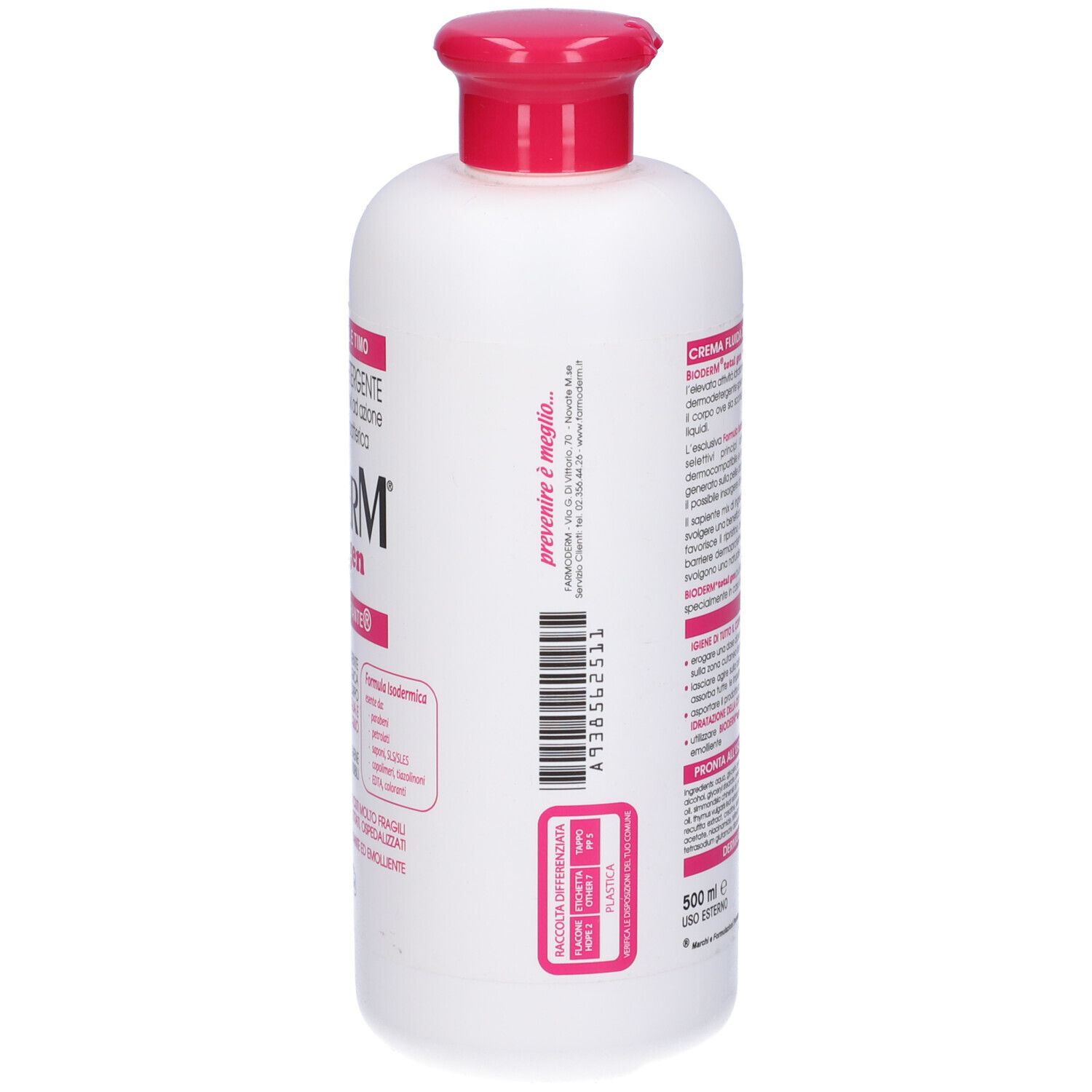 Lato di un flacone bianco con tappo rosa. Testo in italiano.
