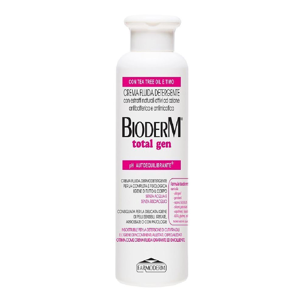 Flacone bianco con tappo rosa. Scritta: Bioderm total gen. pH Autoequilibrante. Testo in italiano.