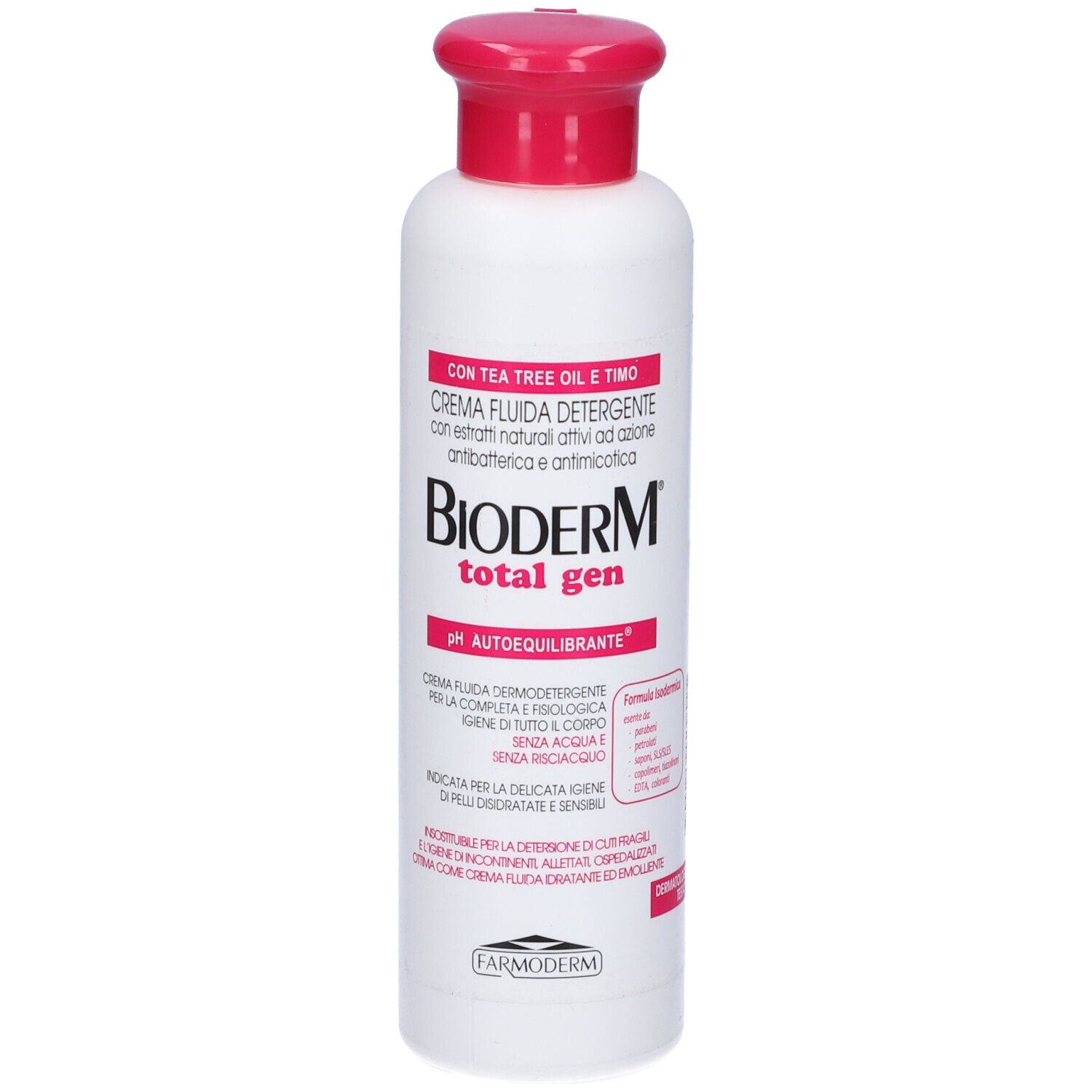 Flacone bianco con tappo rosso. Scritta: Bioderm total gen. pH Autoequilibrante. Testo in italiano.