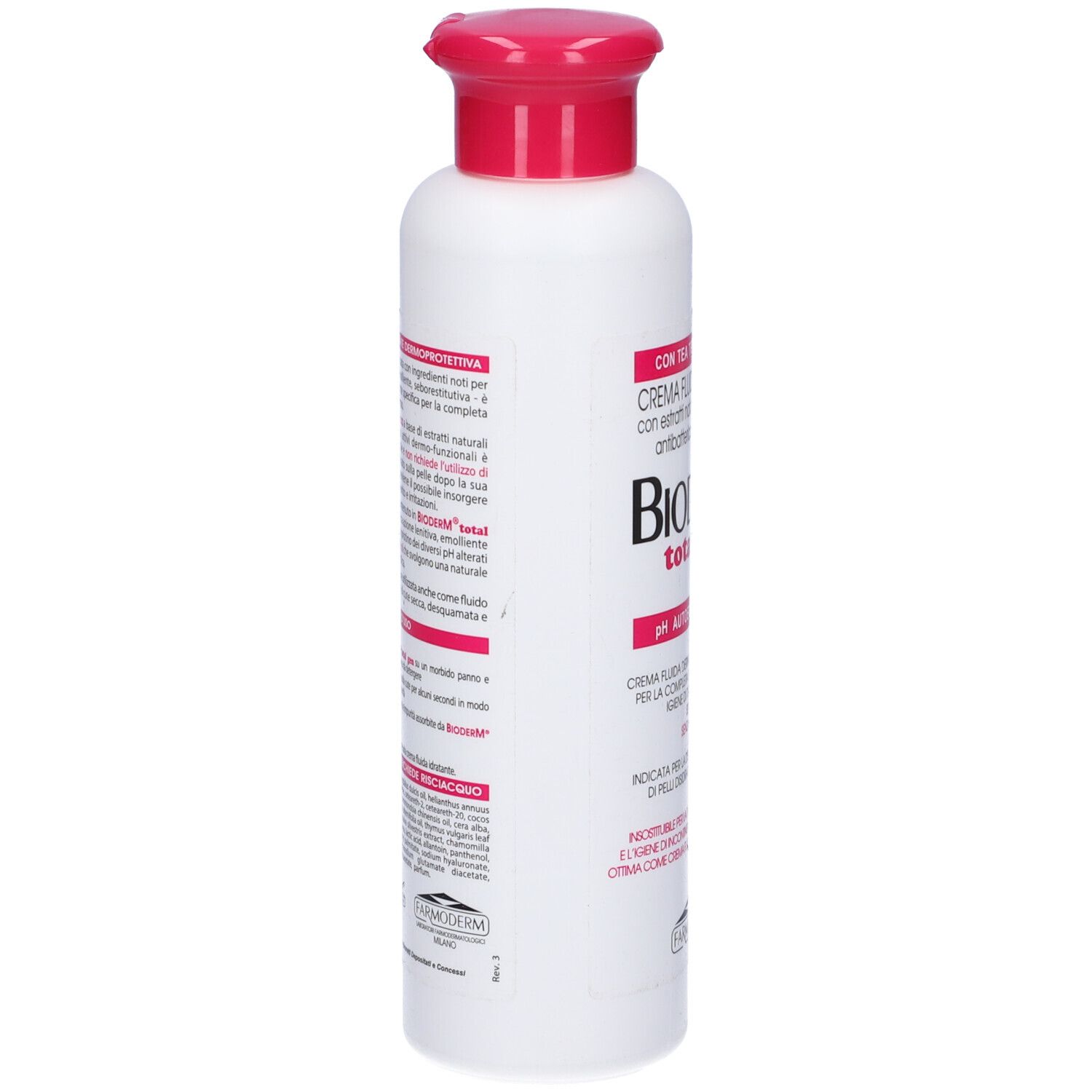 Flacone bianco con tappo rosso. Testo in italiano. Scritta: Bioderm total gen. pH Autoequilibrante.