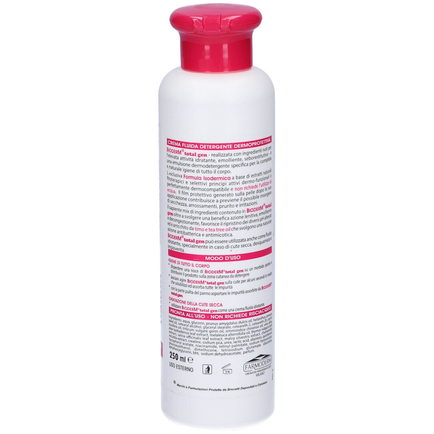 Flacone bianco con tappo rosso. Testo in italiano. Scritta: Bioderm total gen. pH Autoequilibrante.