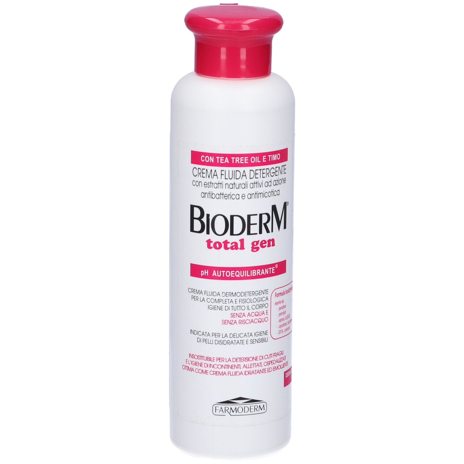 Flacone bianco con tappo rosso. Scritta: Bioderm total gen. pH Autoequilibrante. Testo in italiano.