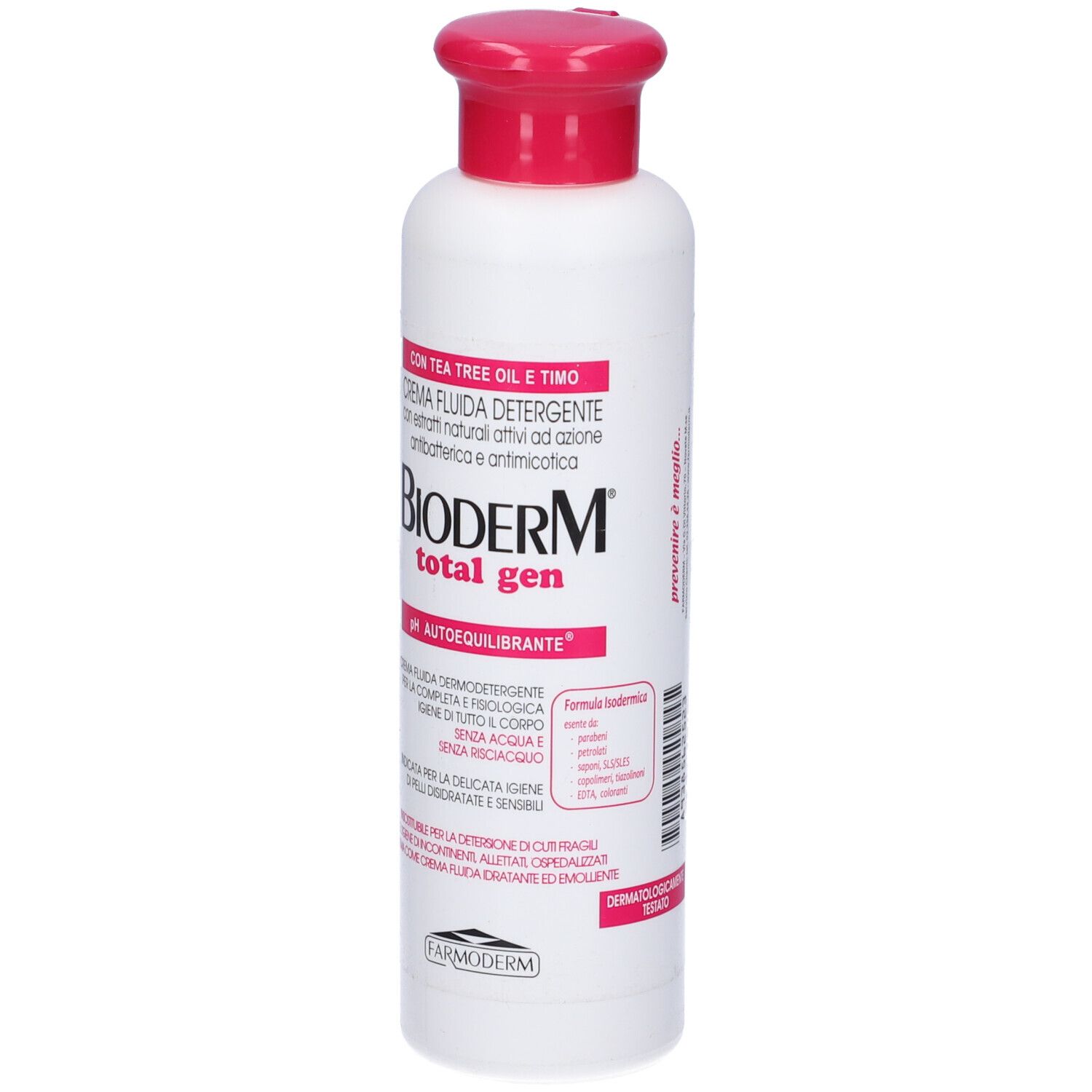 Flacone bianco con tappo rosso. Scritta: Bioderm total gen. pH Autoequilibrante. Testo in italiano.