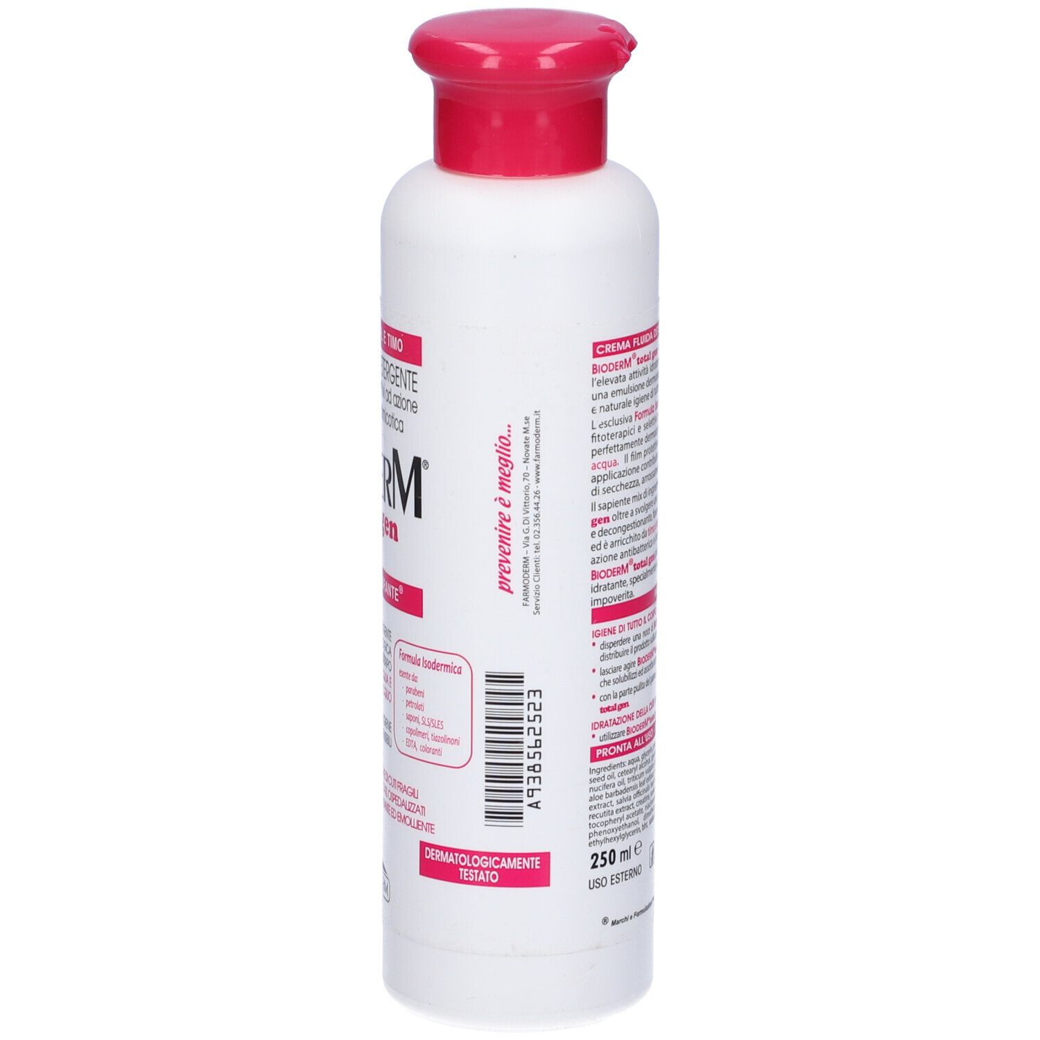 Flacone bianco con tappo rosso. Scritta: Bioderm total gen. pH Autoequilibrante. Testo in italiano.