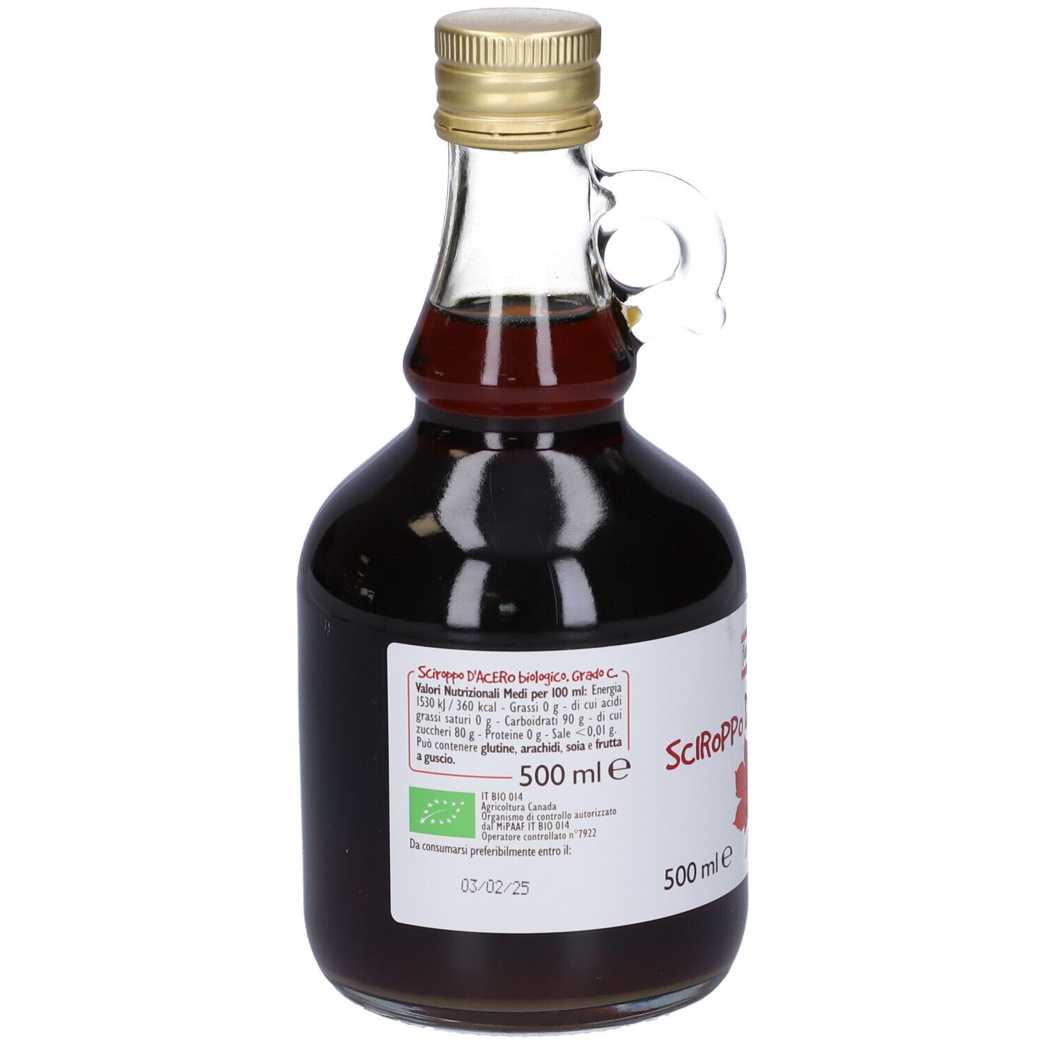 Bottiglia di sciroppo d'acero. Etichetta con testo, foglia d'acero e sigillo bio. Tappo dorato. 500 ml.