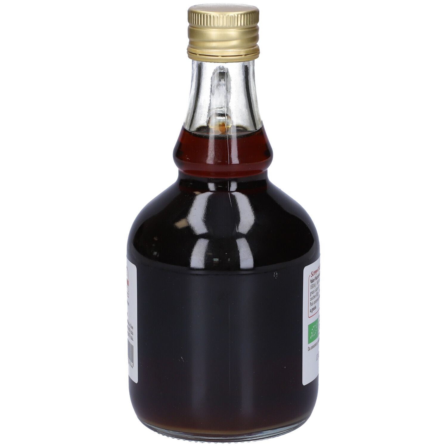 Bottiglia di sciroppo d'acero. Etichetta con testo e sigillo bio. Tappo dorato. 500 ml.