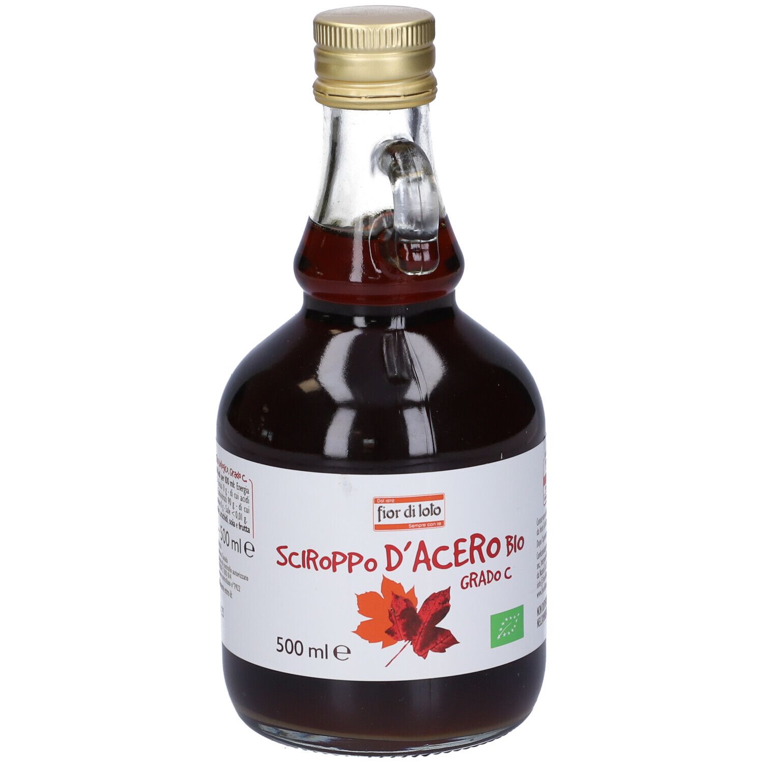 Bottiglia di sciroppo d'acero. Etichetta con testo, foglia d'acero e sigillo bio. Tappo dorato. 500 ml.
