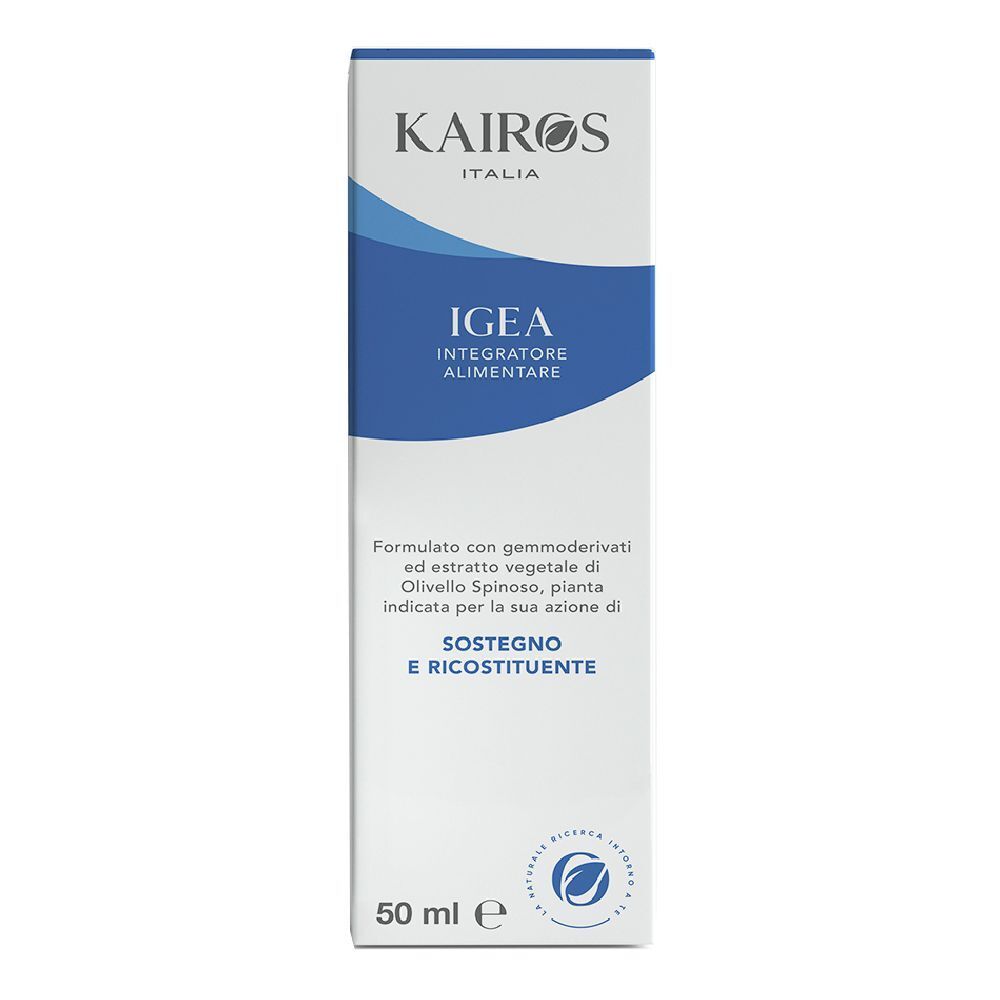 Confezione in cartone con nome IGEA e marchio KAIROS. Colori blu e bianco. Testo: Integratore Alimentare, 50 ml.