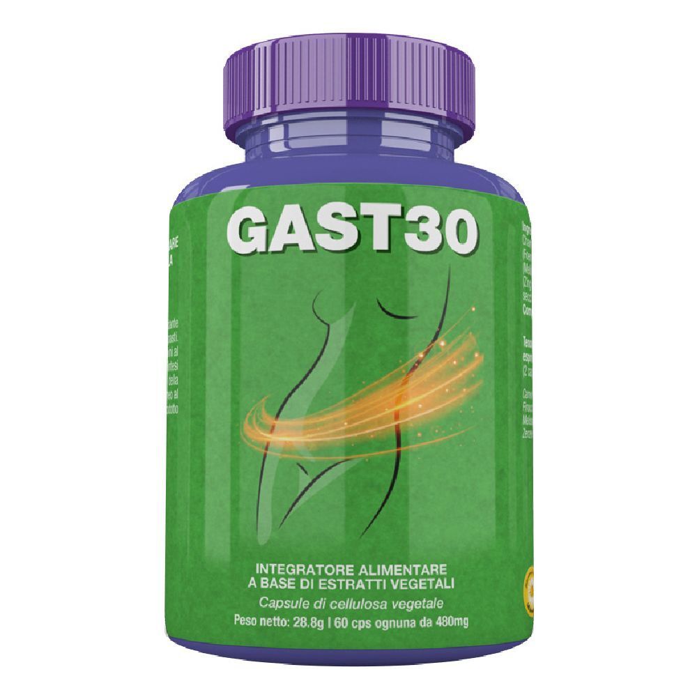 Flacone verde con tappo viola. Scritta GAST30. Contiene estratti vegetali. Capsule di cellulosa vegetale. Peso netto 28,8 g.