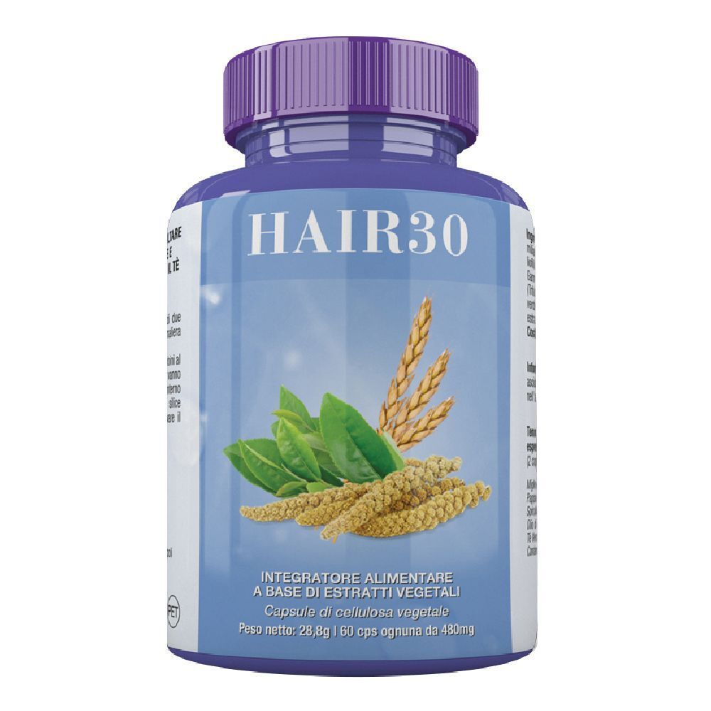 Flacone blu con tappo viola. Scritta HAIR30. Illustrazione di foglie e spighe. Testo: Integratore alimentare a base di estratti vegetali.