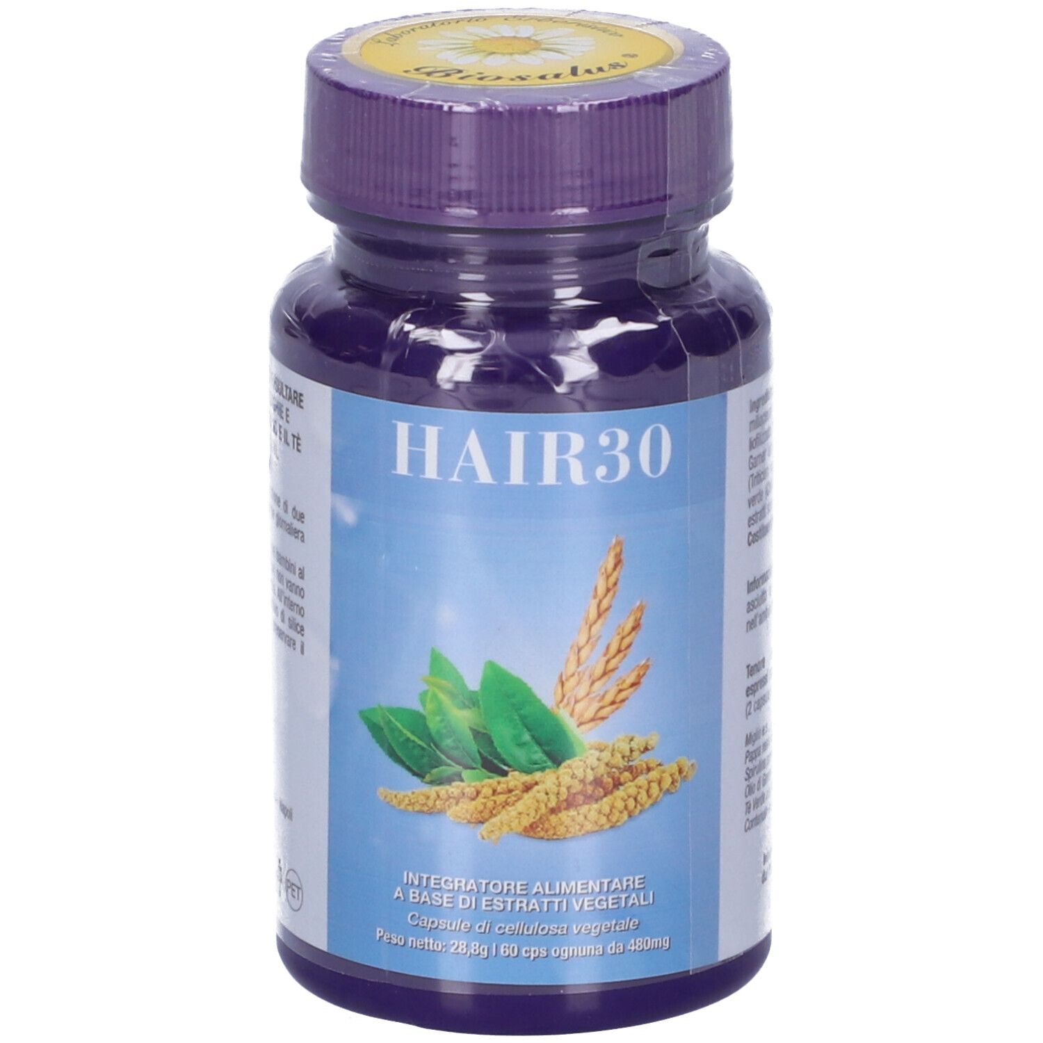 Flacone blu con tappo viola. Scritta HAIR30. Illustrazione di foglie e spighe. Testo: Integratore alimentare a base di estratti vegetali.