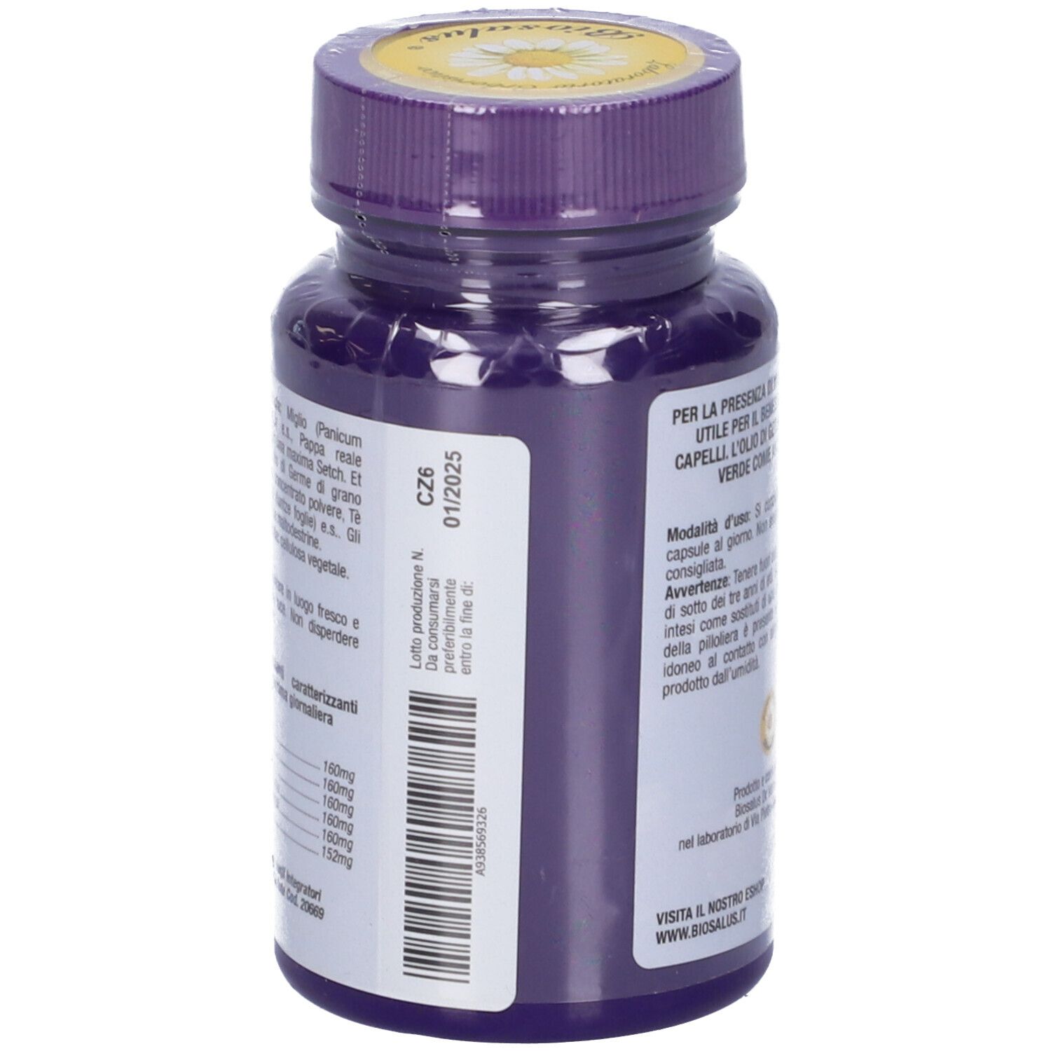Retro di flacone blu con tappo viola. Testo: ingredienti, numero di lotto e data di scadenza.