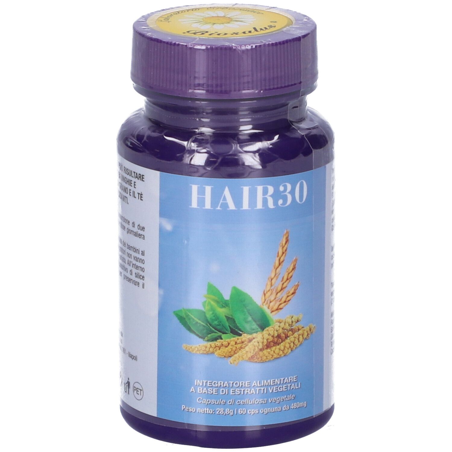 Flacone blu con tappo viola. Scritta HAIR30. Illustrazione di foglie e spighe. Testo: Integratore alimentare a base di estratti vegetali.