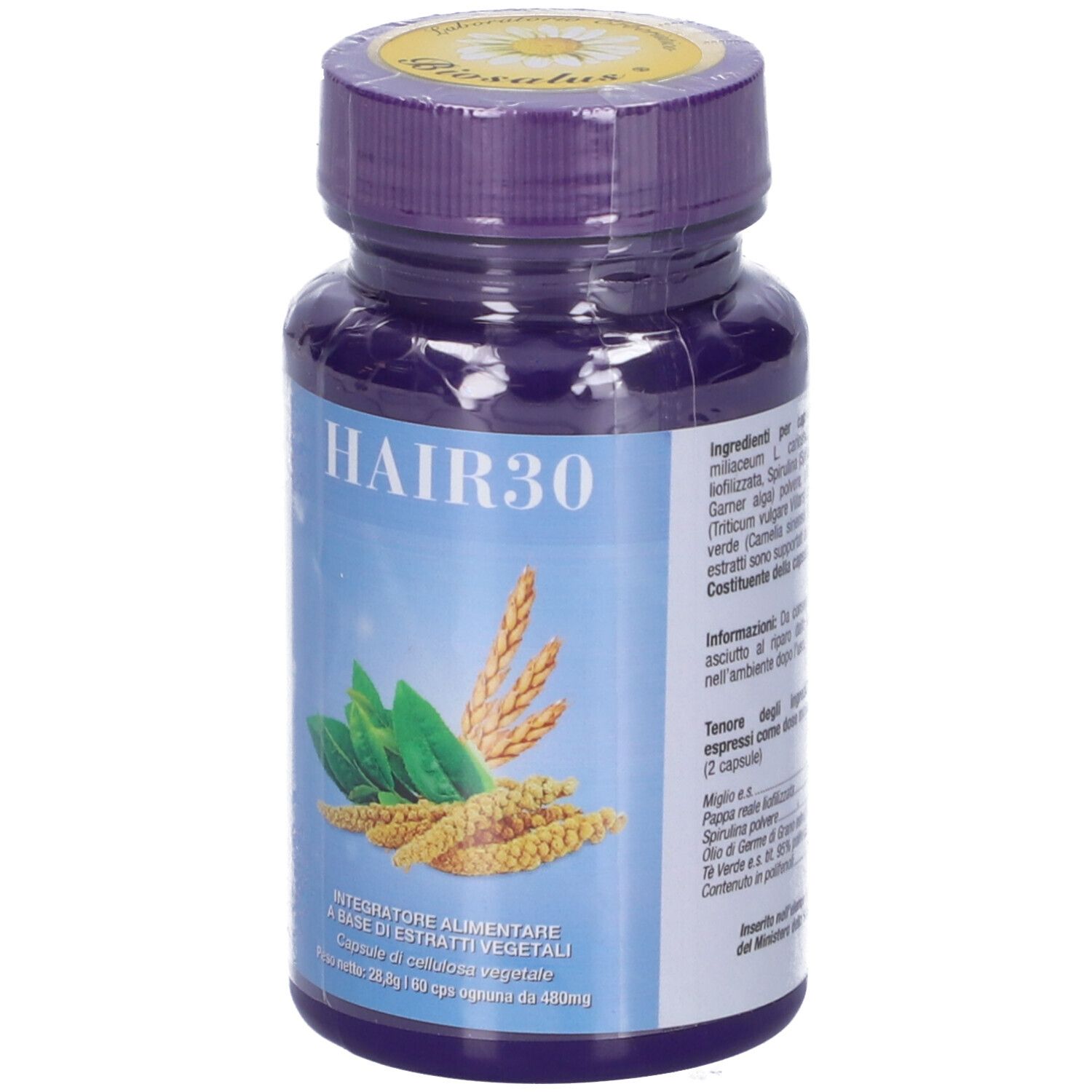 Flacone blu con tappo viola. Scritta HAIR30. Illustrazione di foglie e spighe. Testo: Integratore alimentare a base di estratti vegetali.