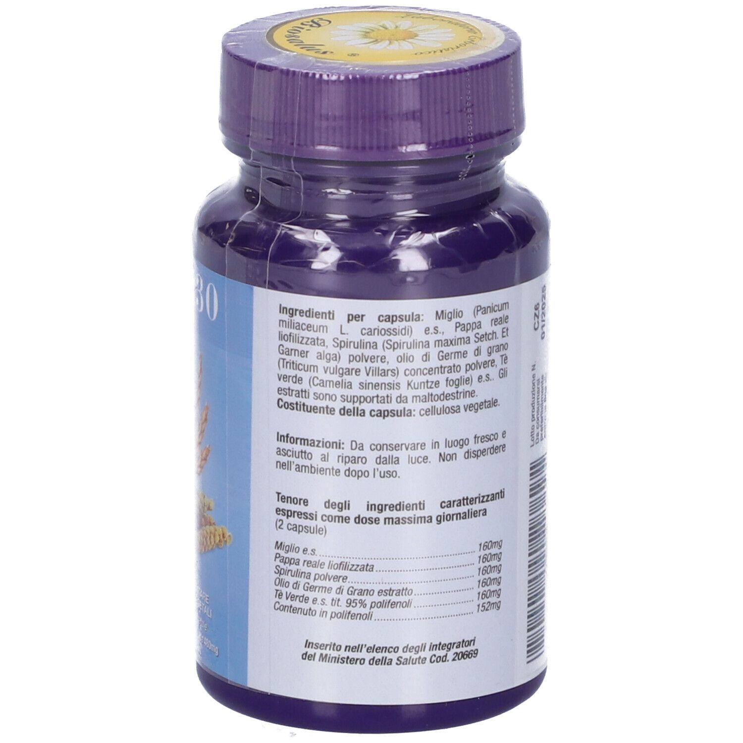 Retro di flacone blu con tappo viola. Testo: ingredienti, dosaggio e informazioni del produttore.