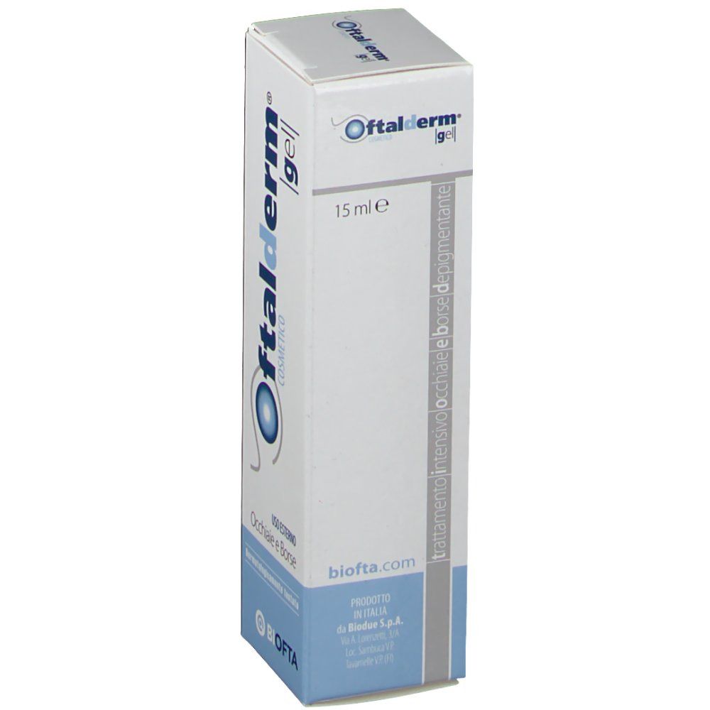 Oftalder Gel-Verpackung. Weißer Karton mit Produktnamen und 15 ml Angabe. Text in italienischer Sprache.