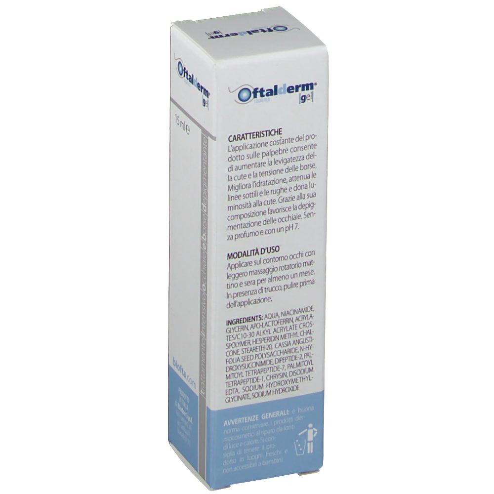 Oftalder Gel-Verpackung, Rückseite. Text in italienischer Sprache, Inhaltsstoffe und Anwendungshinweise.