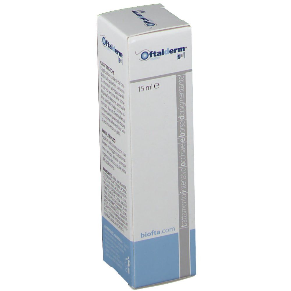Oftalder Gel-Verpackung, Seite. Text in italienischer Sprache, Produktinformationen und Herstellerangaben.