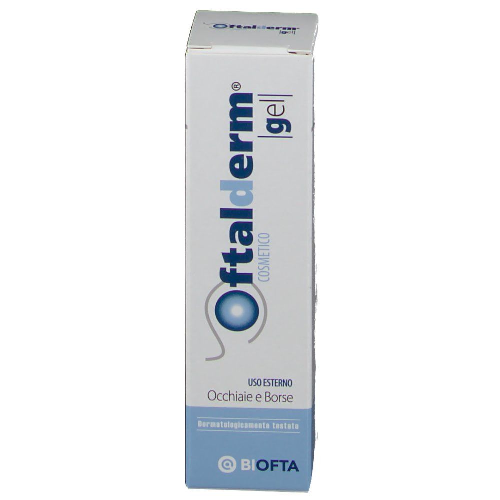 Oftalder Gel-Verpackung. Weißer Karton mit Produktnamen, Logo und Anwendungsbereich: Augenringe und Tränensäcke.
