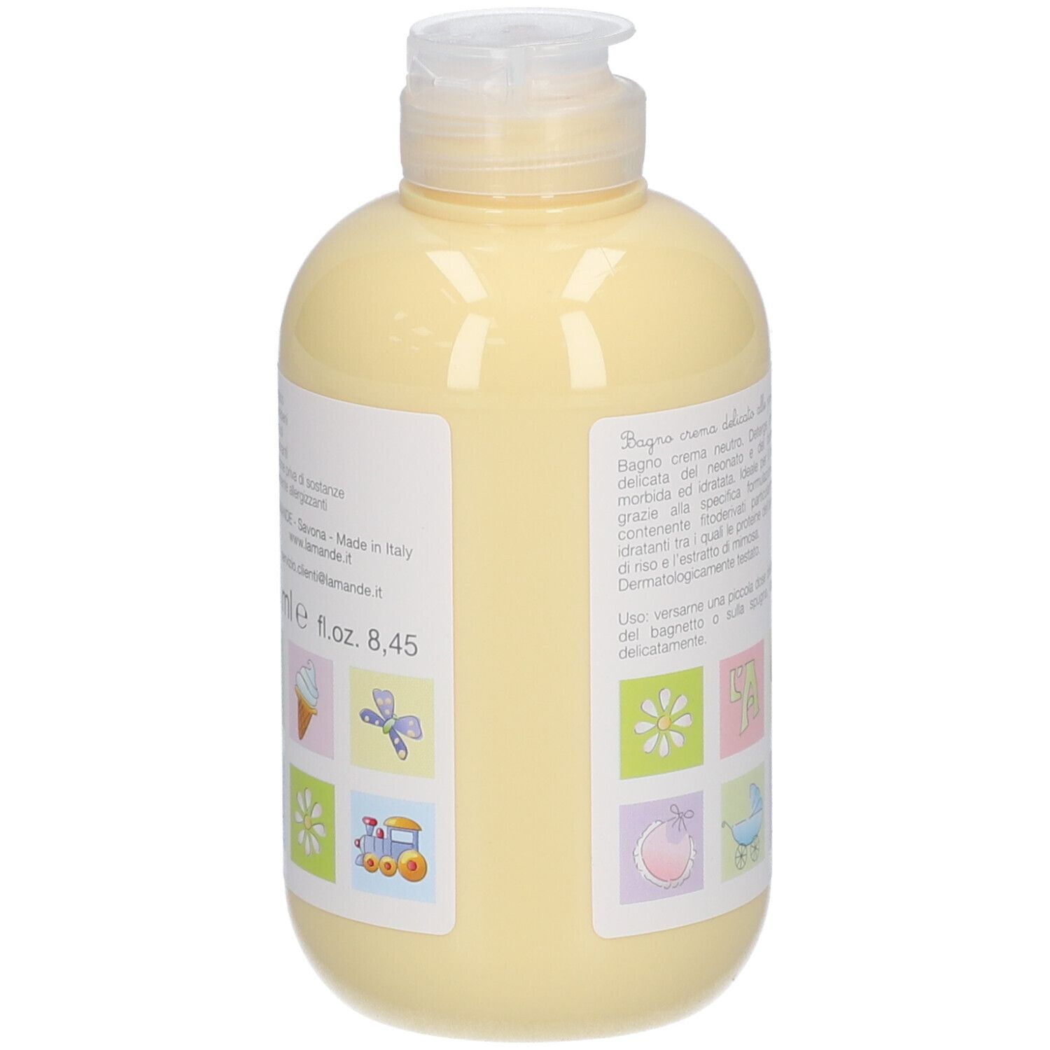 Helle gelbe Flasche mit Aufklappverschluss, gefüllt mit Baby-Badecreme. Enthält Illustrationen von Eis, Schmetterling, Zug und Blumen.