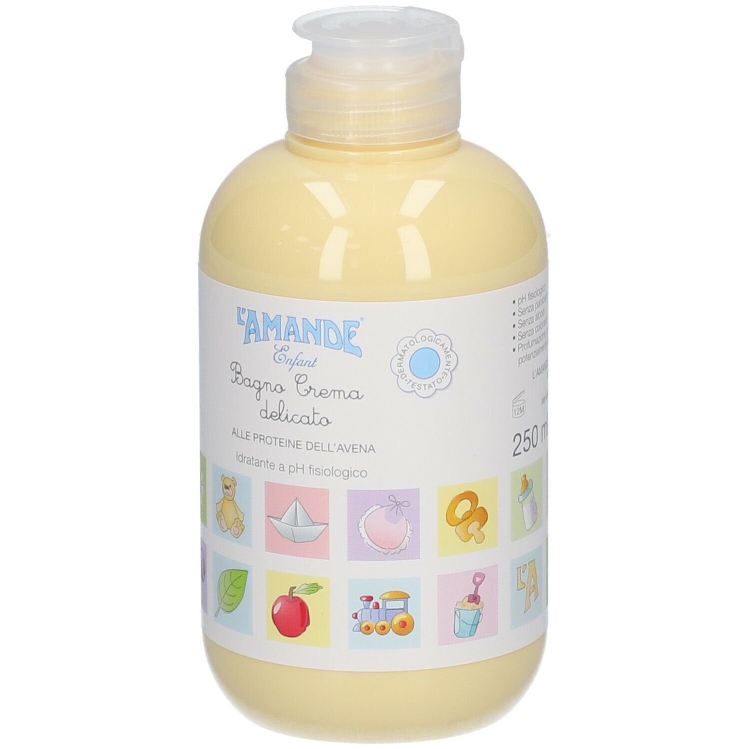 Gelbe Flasche mit Spenderverschluss, L'Amande Enfant Badcreme Delicato, 250ml.