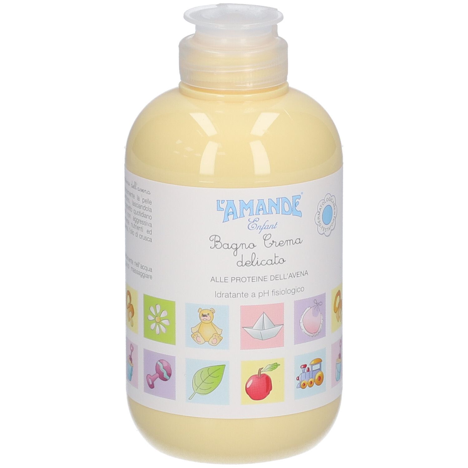 Gelbe Flasche mit Spenderpumpe, L'Amande Enfant Bagno Crema delicato.