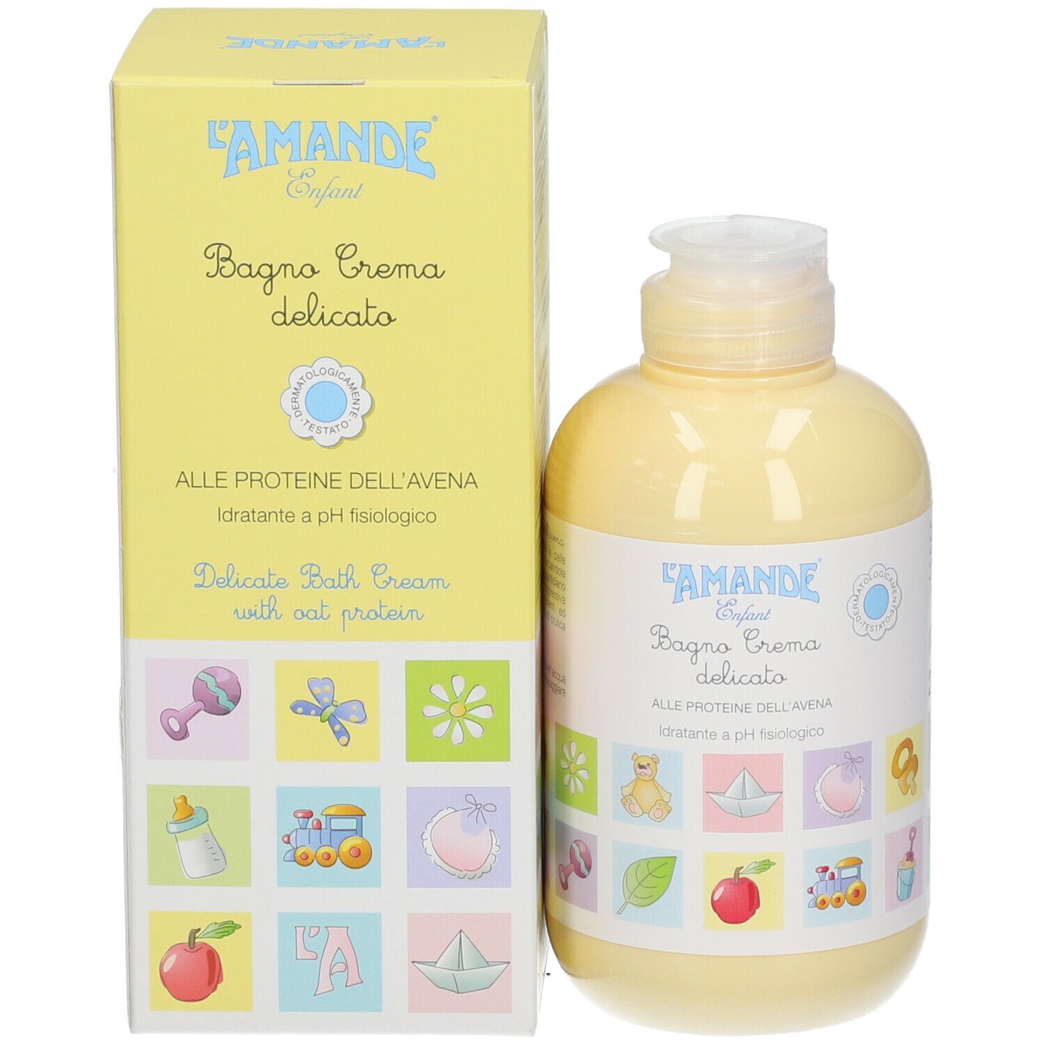 L'Amande Enfant Bagno Crema delicato mit Haferprotein in gelber Flasche und Kartonverpackung.