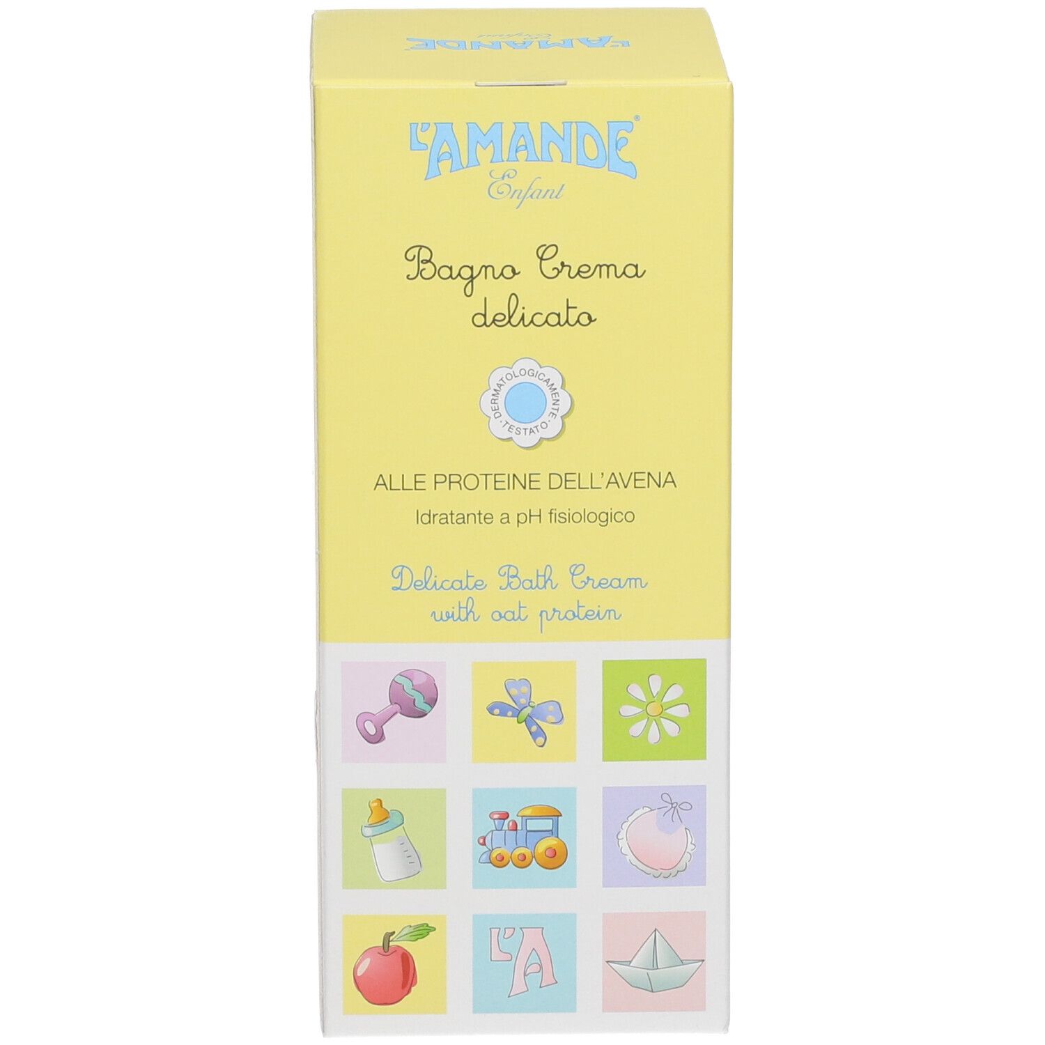 L'Amande Enfant Bagno Crema Delicato: zarte Badcreme mit Haferprotein auf gelber Verpackung mit Baby-Motiven.
