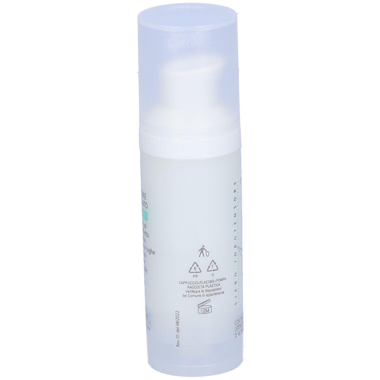 Flacone Agedin Siero Idrotensore. Flacone bianco con erogatore e tappo. Retro con testo e simboli.
