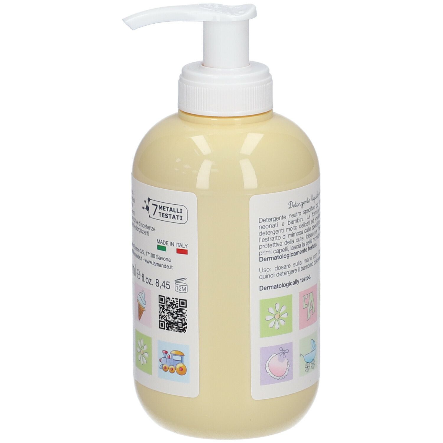 Flacone giallo con dosatore. Scritta: Detergente Liquido delicato. Testo in italiano. Con 7 Metalli Testati.