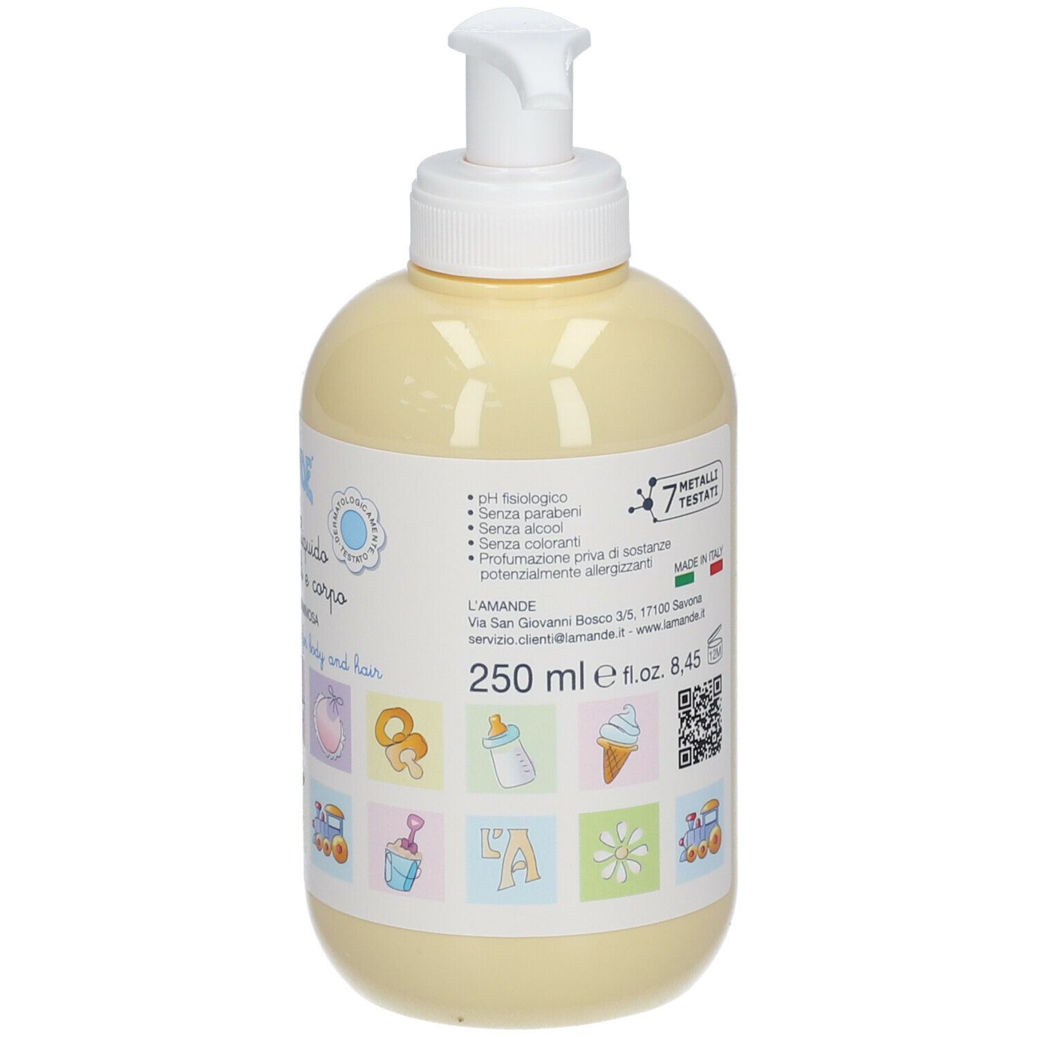 Flacone giallo con dosatore. Scritta: L'Amande, Detergente Liquido, 250 ml. Testo in italiano. Con 7 Metalli Testati.
