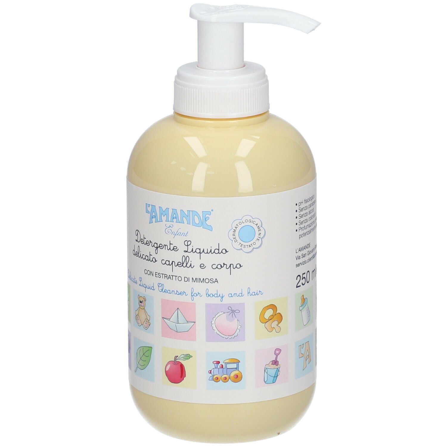 Flacone giallo con dosatore. Scritta: L'Amande Enfant, Detergente Liquido, capelli e corpo. Testo in italiano.