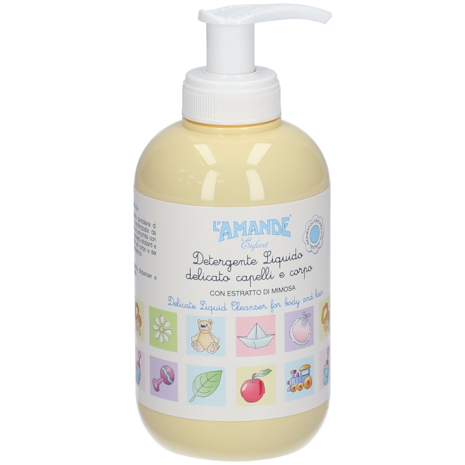 Flacone giallo con dosatore. Scritta: L'Amande Enfant, Detergente Liquido, capelli e corpo. Testo in italiano.