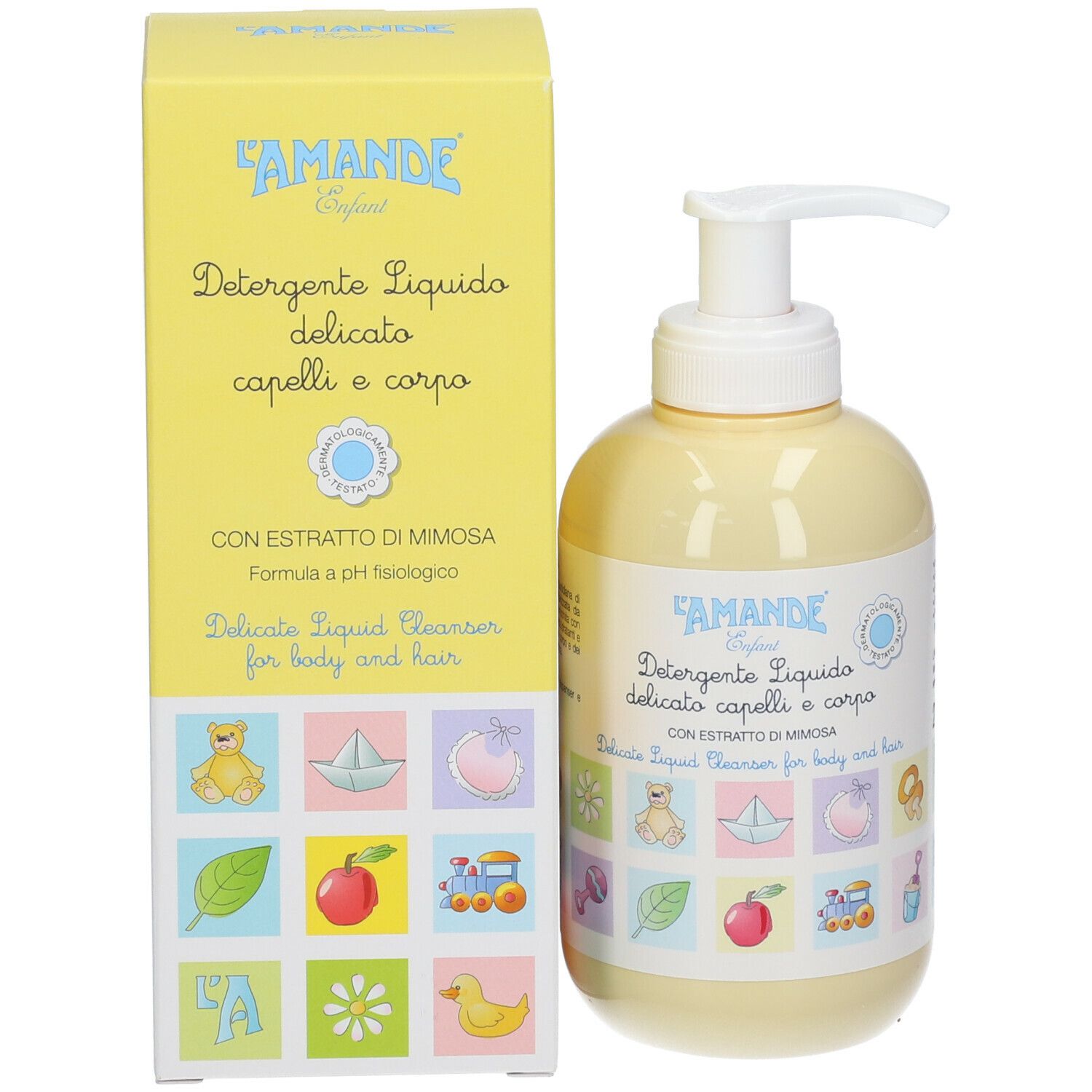 Flacone giallo con dosatore e scatola gialla. Scritta: L'Amande Enfant, Detergente Liquido, capelli e corpo. Con testo.