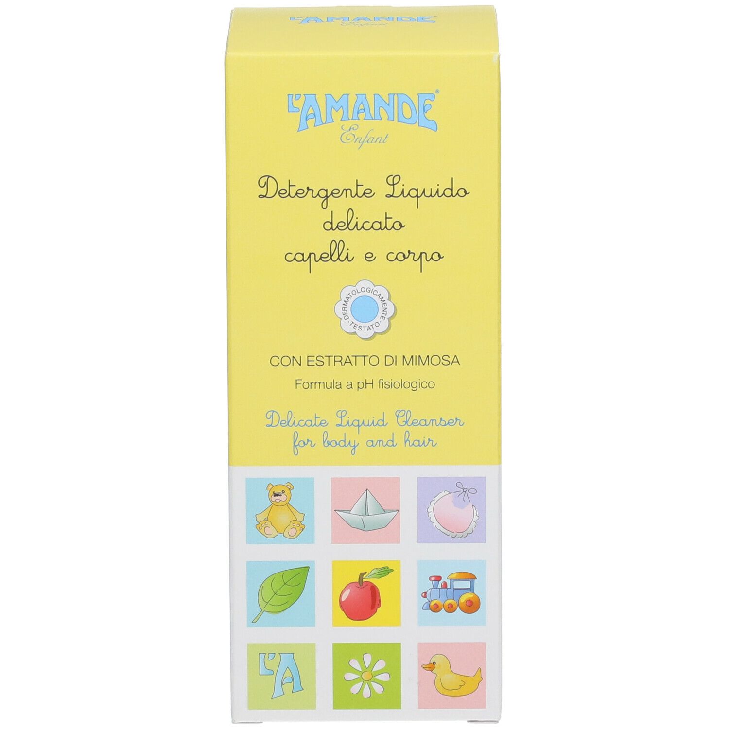 Scatola gialla. Scritta: L'Amande Enfant, Detergente Liquido, capelli e corpo. Testo in italiano.