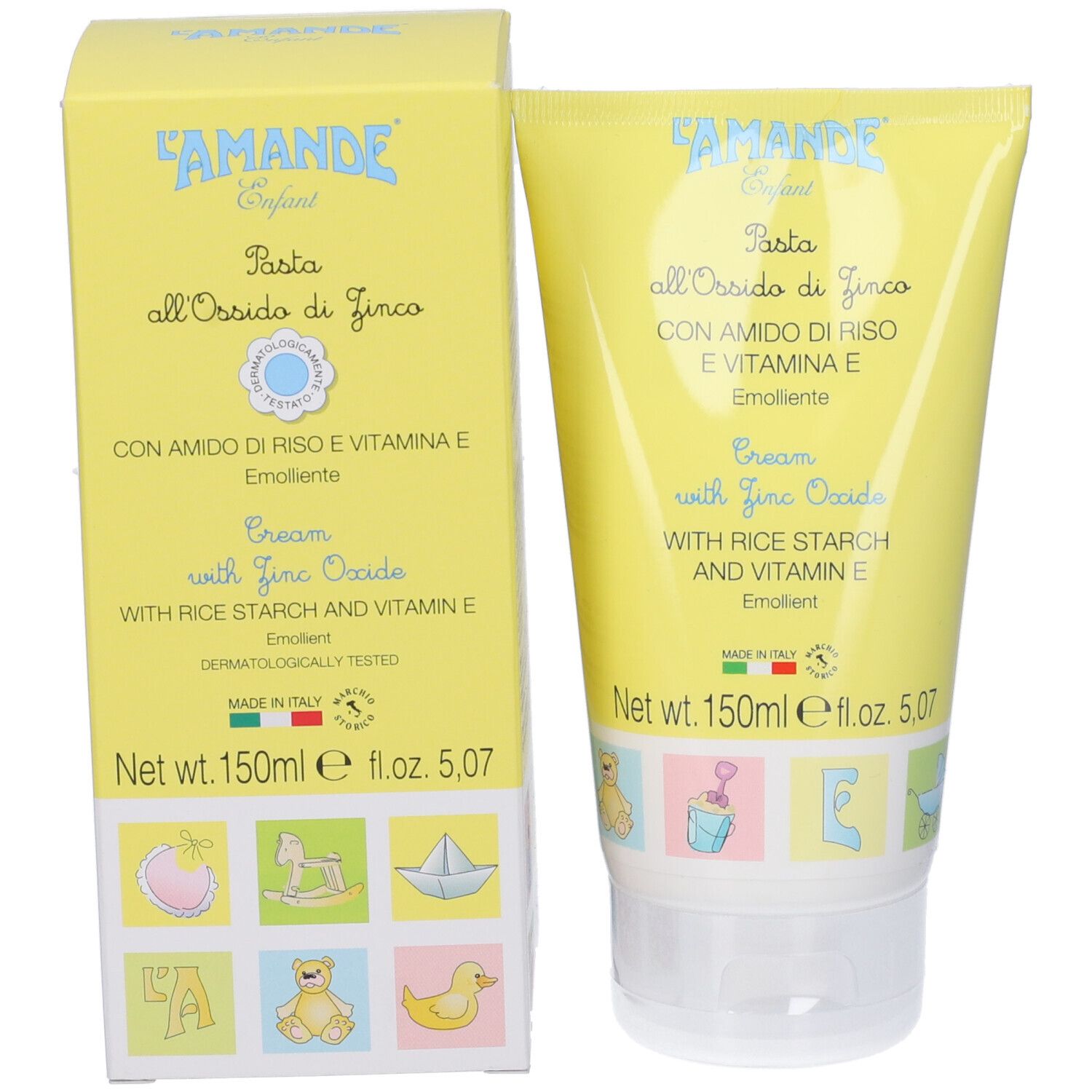Produktverpackung: Tube und Schachtel. Text: Pasta all'Ossido di Zinco, Cream with Zinc Oxide. Mit Illustrationen.