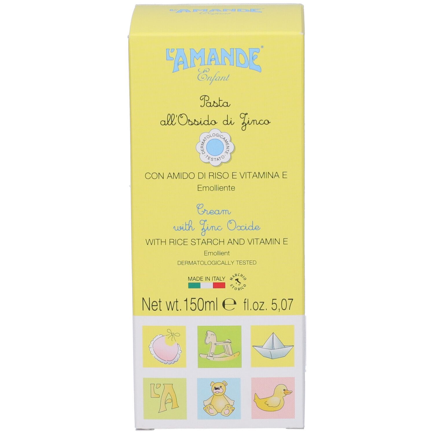 Gelbe Schachtel. Text: Pasta all'Ossido di Zinco, Cream with Zinc Oxide. Mit Illustrationen und Logo.