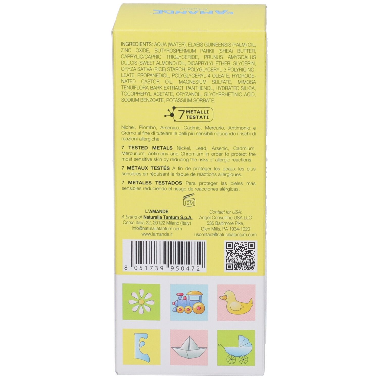 Rückseite der Schachtel. Text: Inhaltsstoffe, 7 getestete Metalle, Kontaktinformationen und QR-Code.
