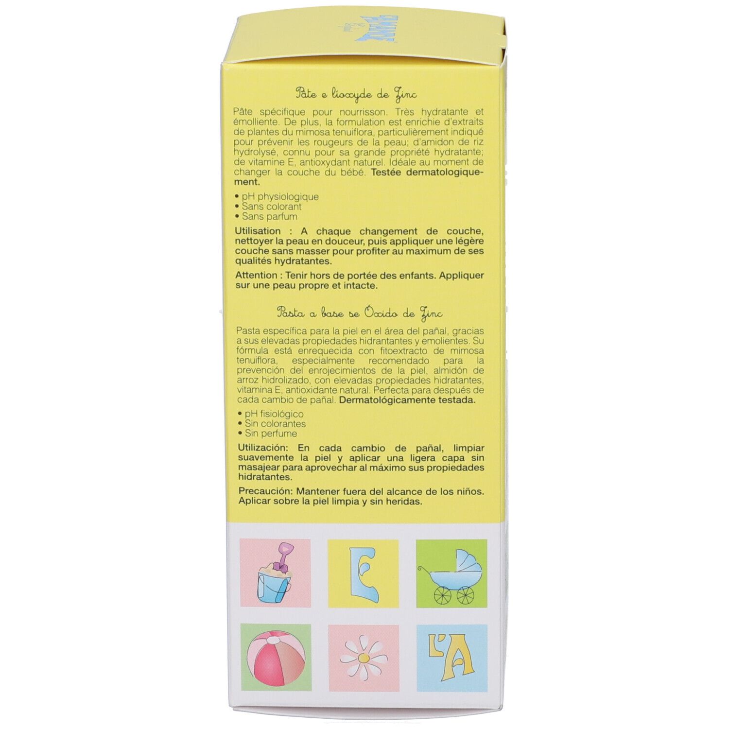 Rückseite der Schachtel. Text: Pasta a base di Ossido di Zinco, Inhaltsstoffe und Anwendung.