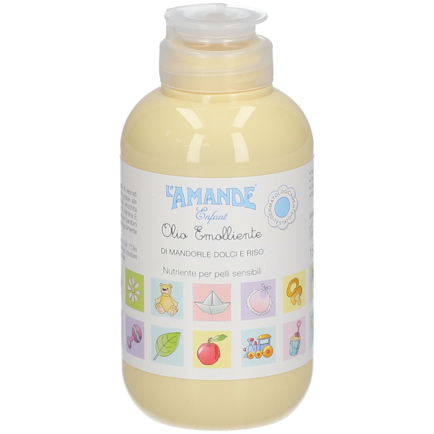 Flacone giallo con tappo a ribalta. Etichetta con nome del prodotto e illustrazioni. Contiene Olio Emolliente.