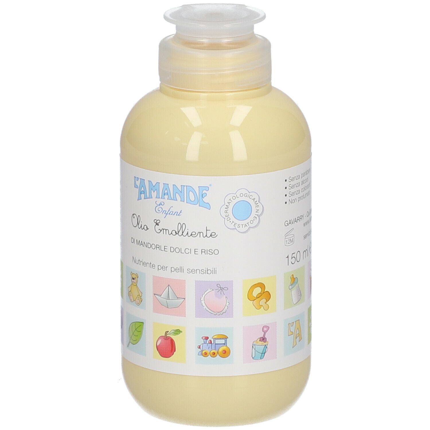 Flacone giallo con tappo a ribalta. Etichetta con nome del prodotto e illustrazioni. Contiene Olio Emolliente.