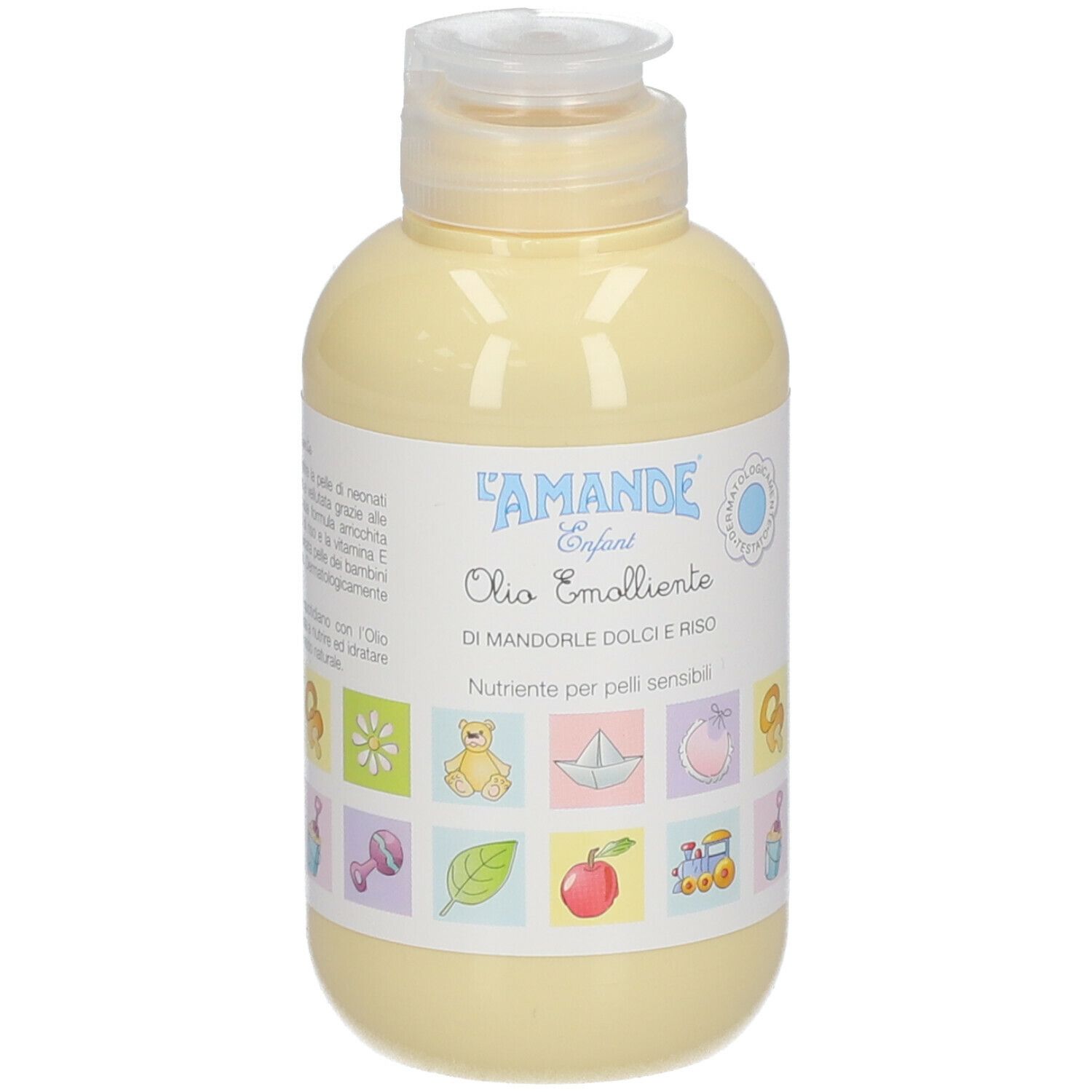 Flacone giallo con tappo a ribalta. Etichetta con nome del prodotto e illustrazioni. Contiene Olio Emolliente.