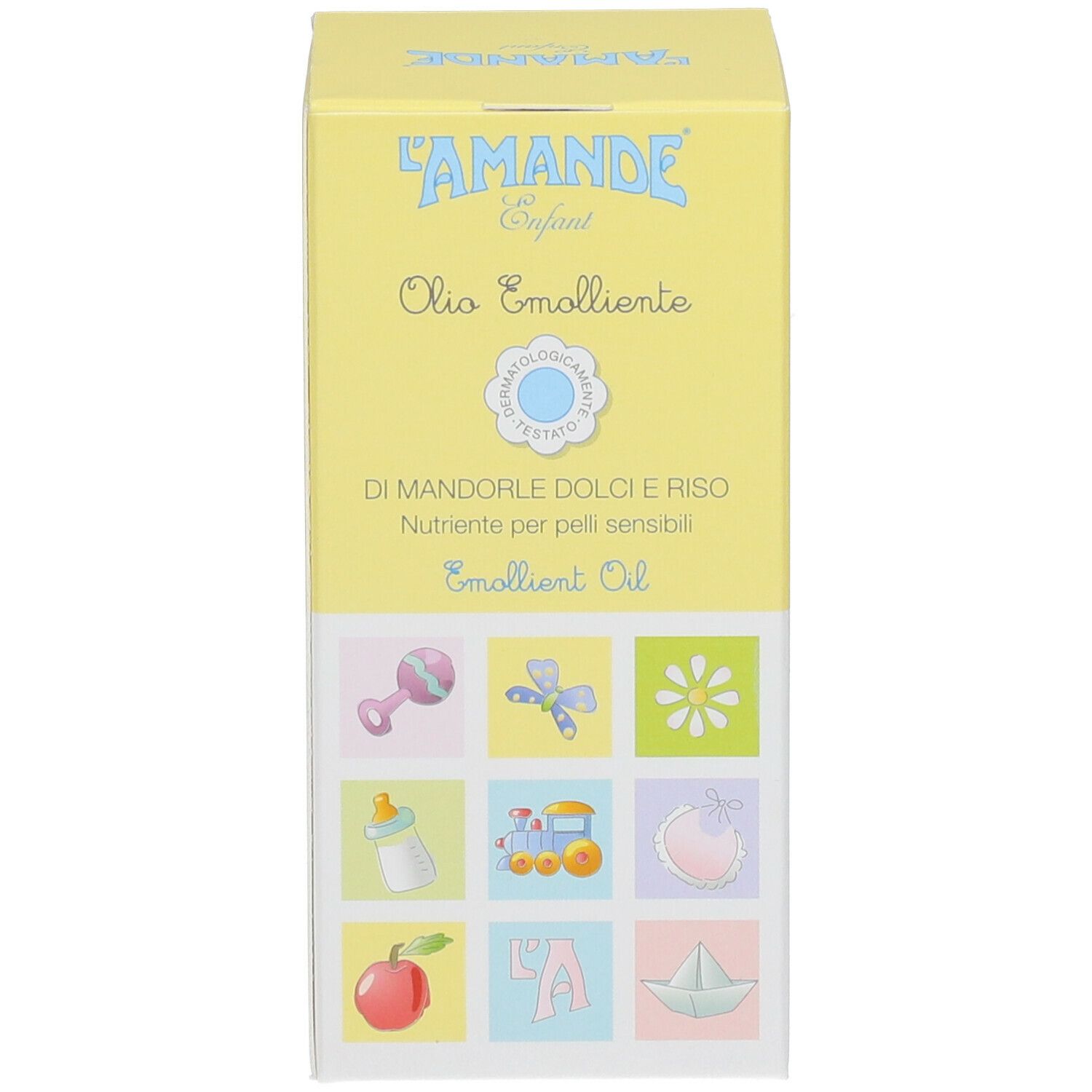 Scatola gialla con nome del prodotto e illustrazioni. Contiene Olio Emolliente.