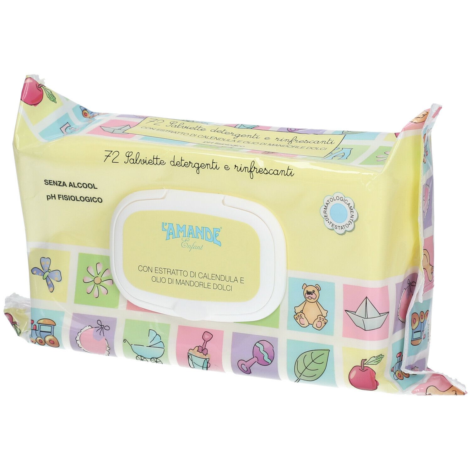 Confezione di salviettine. Scritta: 72 Salviettine Detergenti e rinfrescanti. Marchio: L'Amande Enfant. Con estratti di calendula e olio di mandorle dolci.