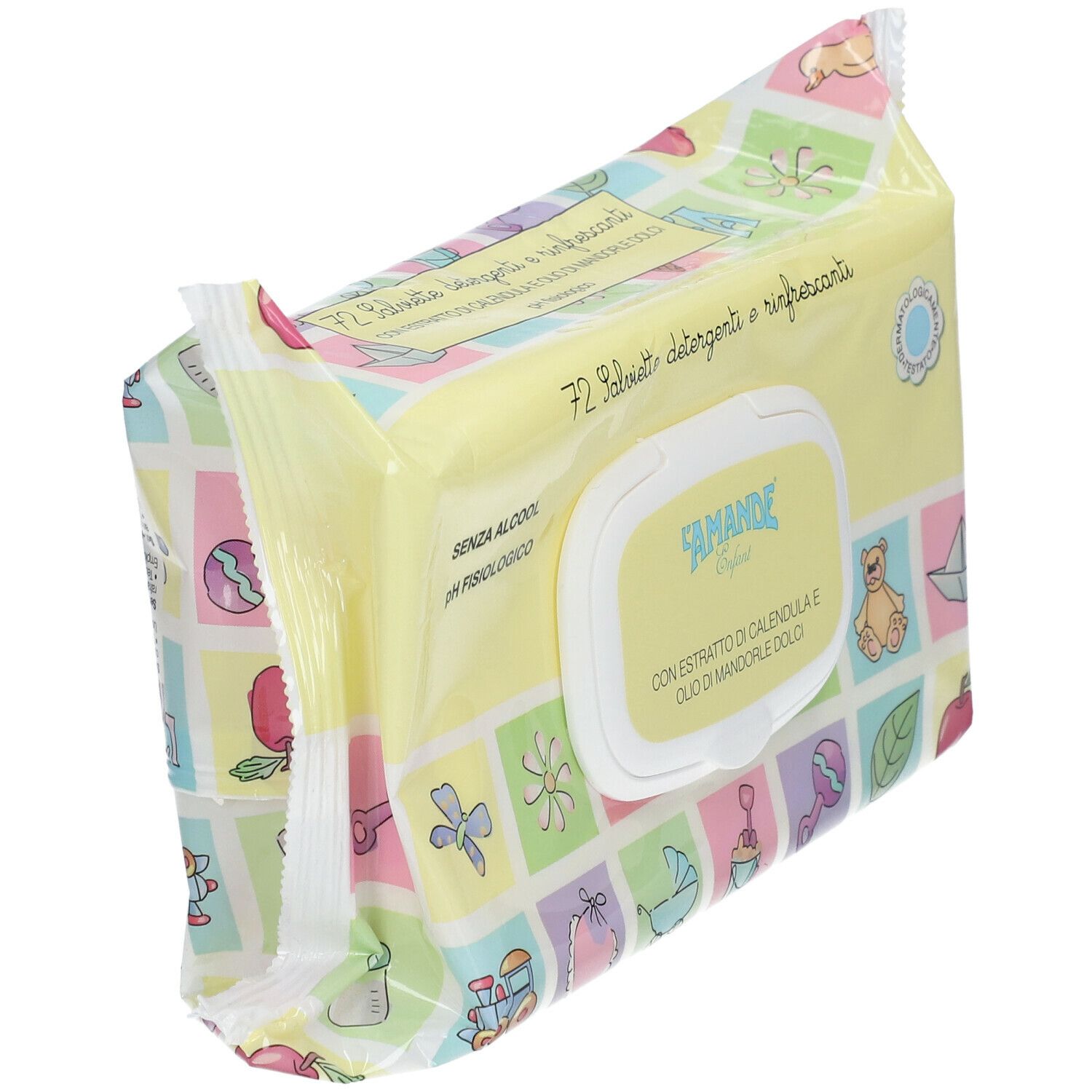 Confezione di salviettine. Scritta: 72 Salviettine Detergenti e rinfrescanti. Marchio: L'Amande Enfant. Con estratti di calendula e olio di mandorle dolci.