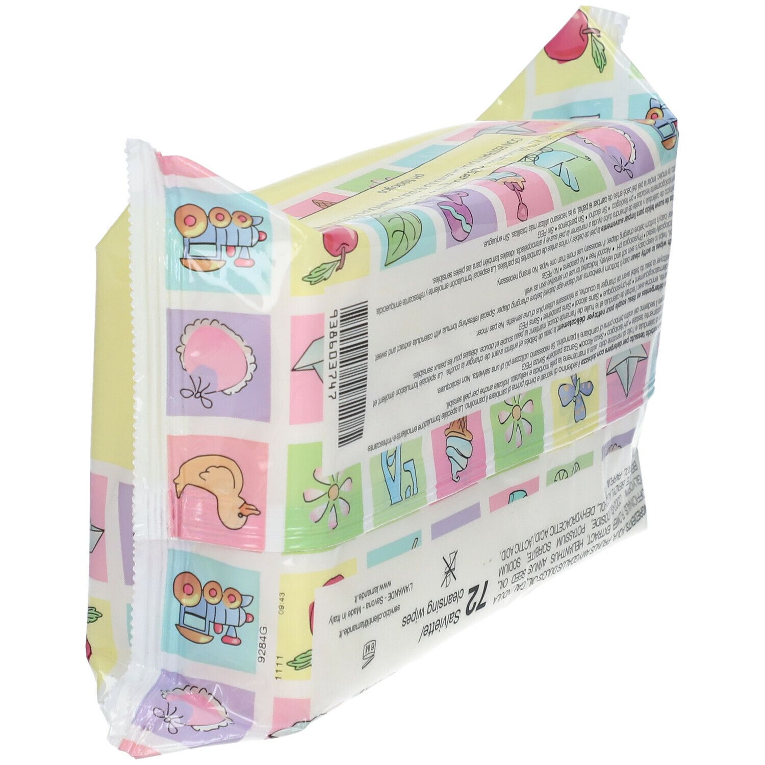 Retro della confezione di salviettine. Testo: 72 Salviettine. Ingredienti e avvertenze. Illustrazioni di motivi per bambini.