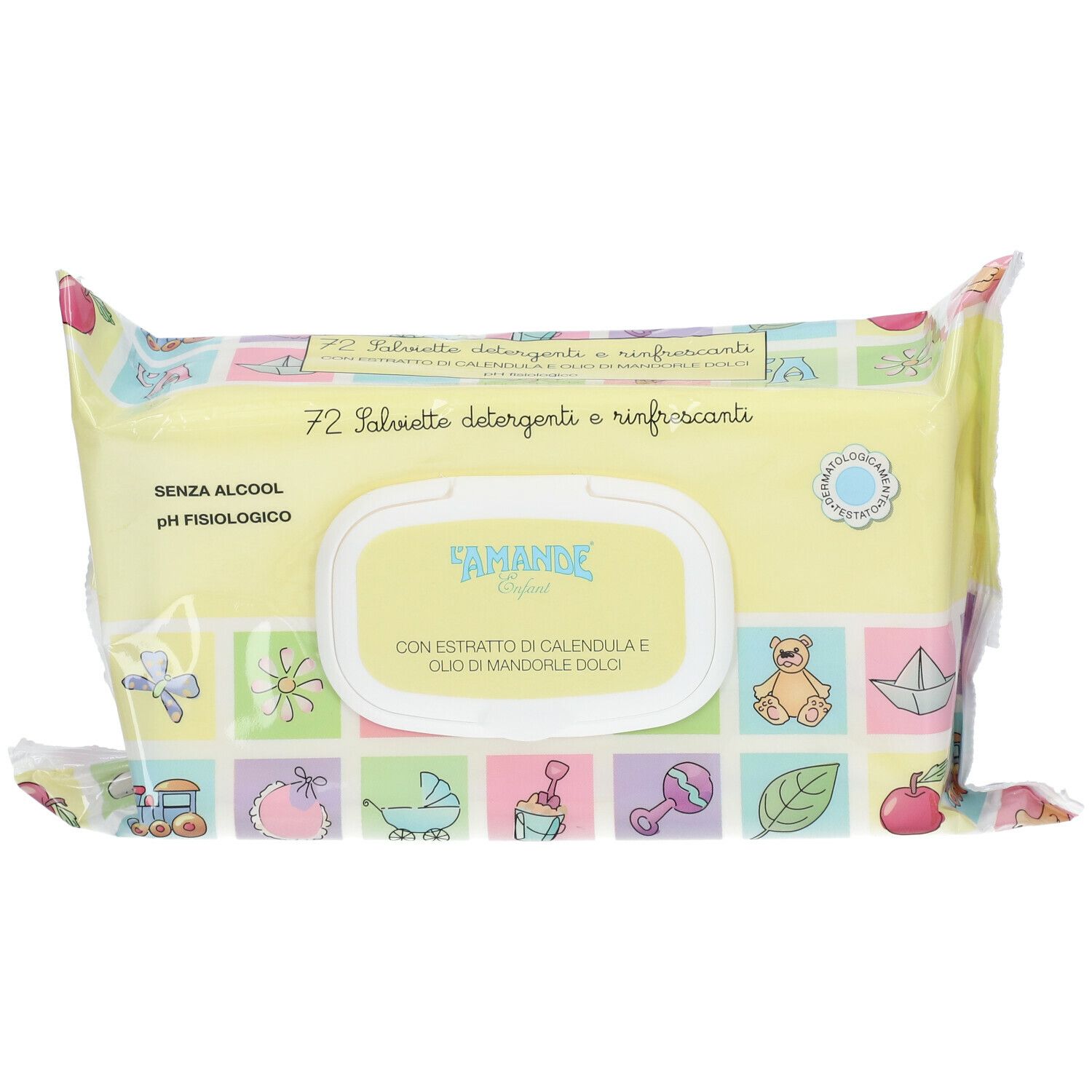 Confezione di salviettine. Scritta: 72 Salviettine Detergenti e rinfrescanti. Marchio: L'Amande Enfant. Con estratti di calendula e olio di mandorle dolci.