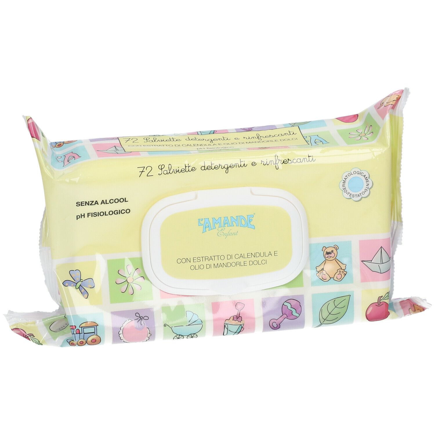 Confezione di salviettine. Scritta: 72 Salviettine Detergenti e rinfrescanti. Marchio: L'Amande Enfant. Con estratti di calendula e olio di mandorle dolci.