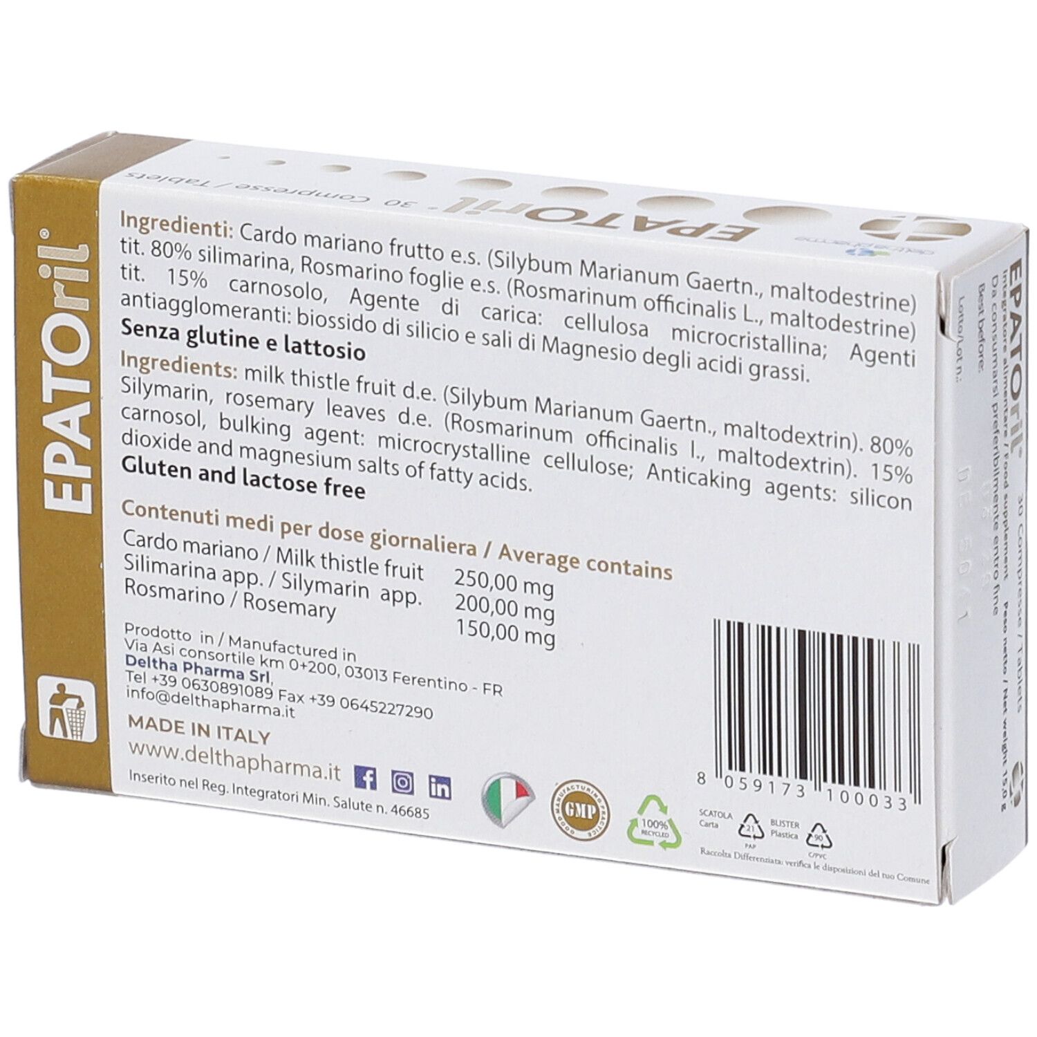 Rückseite der EPATORIL Verpackung mit Zutatenliste und Dosierung.