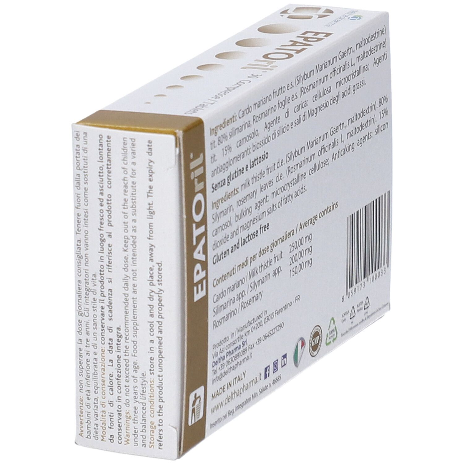 Seite der EPATORIL Verpackung mit Lagerungshinweisen und Herkunft.
